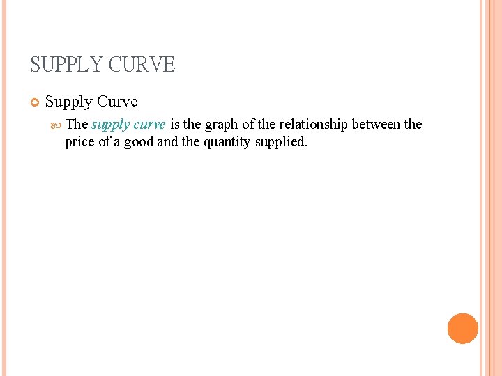 SUPPLY CURVE Supply Curve The supply curve is the graph of the relationship between