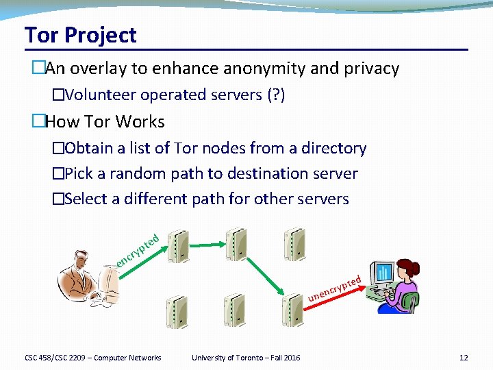 Tor Project �An overlay to enhance anonymity and privacy �Volunteer operated servers (? )