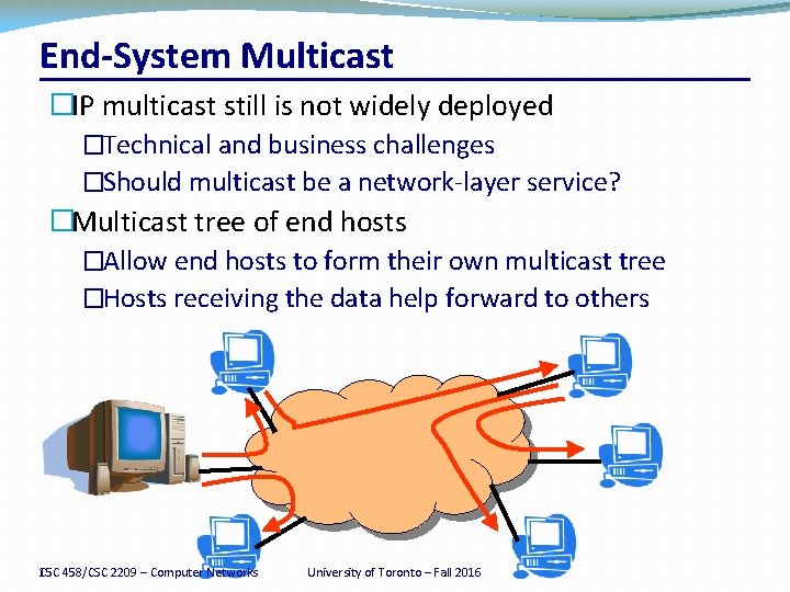 End-System Multicast �IP multicast still is not widely deployed �Technical and business challenges �Should