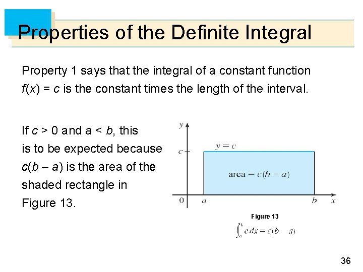 Properties of the Definite Integral Property 1 says that the integral of a constant