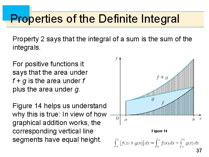 Properties of the Definite Integral Property 2 says that the integral of a sum