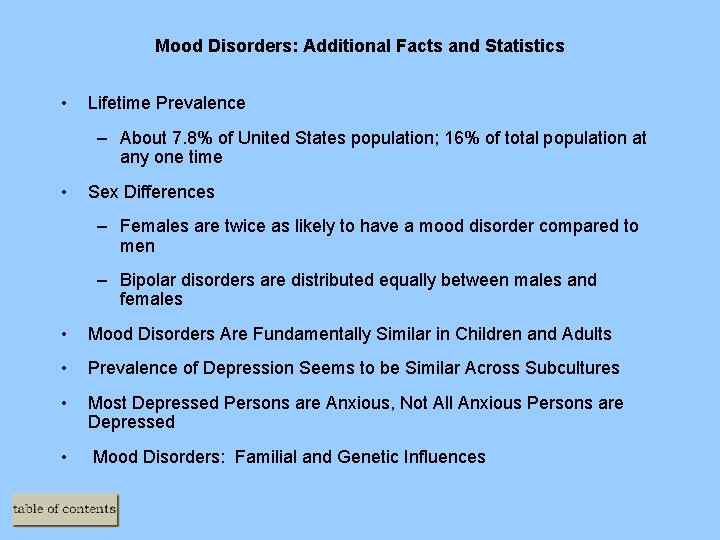Mood Disorders: Additional Facts and Statistics • Lifetime Prevalence – About 7. 8% of
