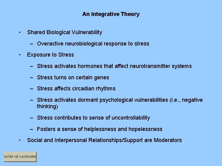 An Integrative Theory • Shared Biological Vulnerability – Overactive neurobiological response to stress •