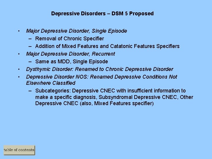 Depressive Disorders – DSM 5 Proposed • • Major Depressive Disorder, Single Episode –
