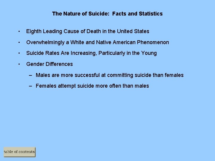 The Nature of Suicide: Facts and Statistics • Eighth Leading Cause of Death in