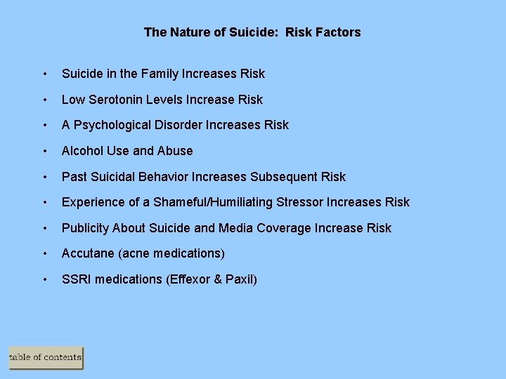 The Nature of Suicide: Risk Factors • Suicide in the Family Increases Risk •