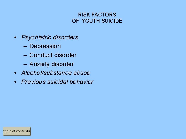 RISK FACTORS OF YOUTH SUICIDE • Psychiatric disorders – Depression – Conduct disorder –