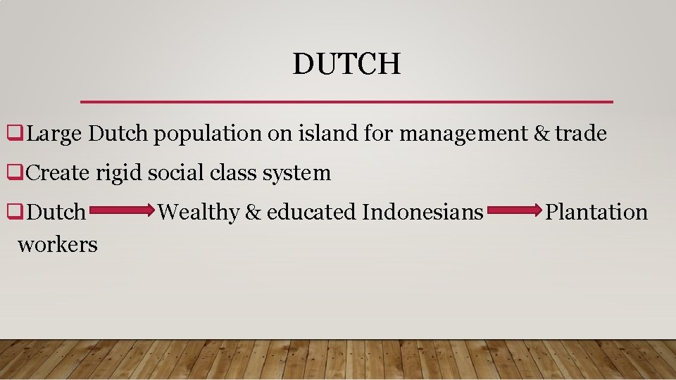 DUTCH q. Large Dutch population on island for management & trade q. Create rigid