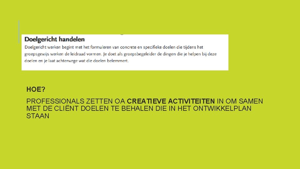 HOE? PROFESSIONALS ZETTEN OA CREATIEVE ACTIVITEITEN IN OM SAMEN MET DE CLIËNT DOELEN TE