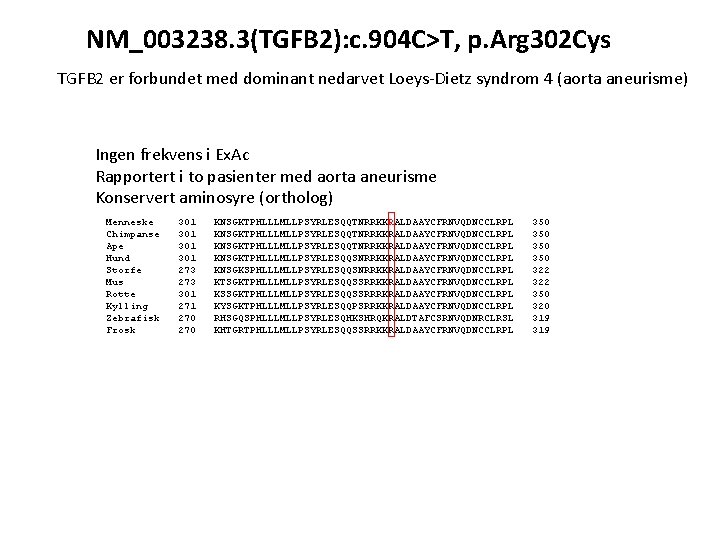 NM_003238. 3(TGFB 2): c. 904 C>T, p. Arg 302 Cys TGFB 2 er forbundet