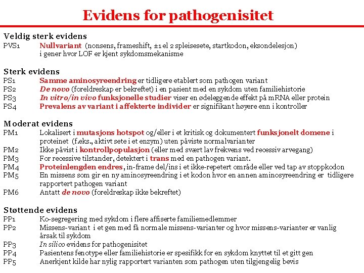 Evidens for pathogenisitet Veldig sterk evidens PVS 1 Nullvariant (nonsens, frameshift, ± 1 el