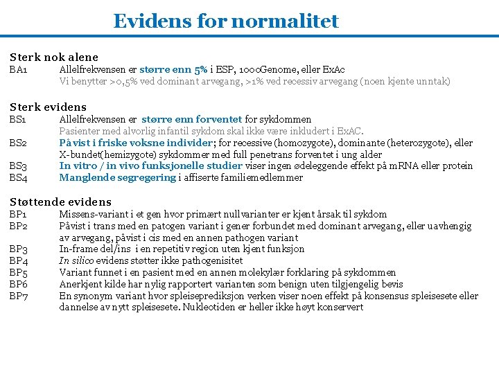 Evidens for normalitet Sterk nok alene BA 1 Allelfrekvensen er større enn 5% i