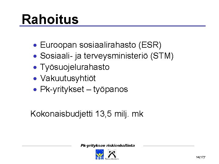 Rahoitus Euroopan sosiaalirahasto (ESR) Sosiaali- ja terveysministeriö (STM) Työsuojelurahasto Vakuutusyhtiöt Pk-yritykset – työpanos Kokonaisbudjetti