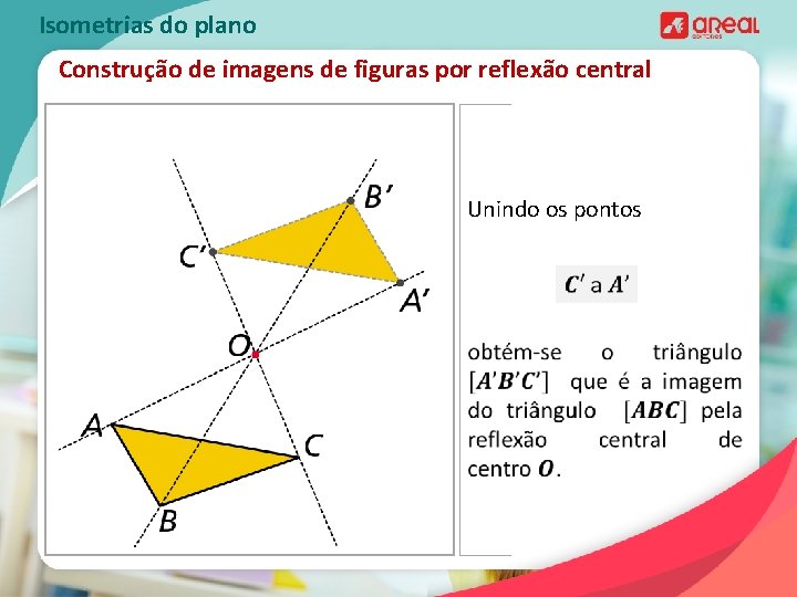 Isometrias do plano Construção de imagens de figuras por reflexão central Unindo os pontos