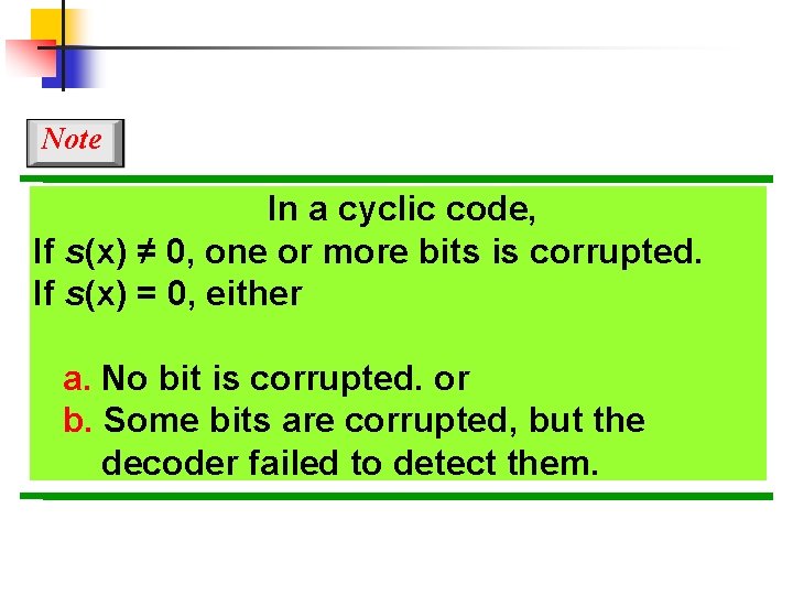 Note In a cyclic code, If s(x) ≠ 0, one or more bits is