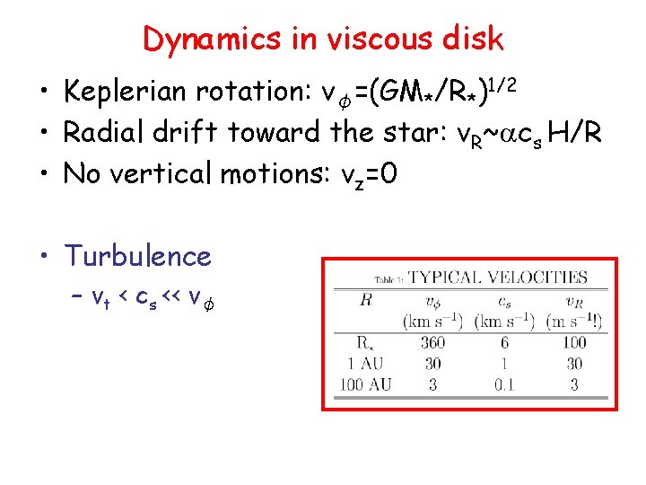 Dynamics in viscous disk • Keplerian rotation: vφ=(GM*/R*)1/2 • Radial drift toward the star: