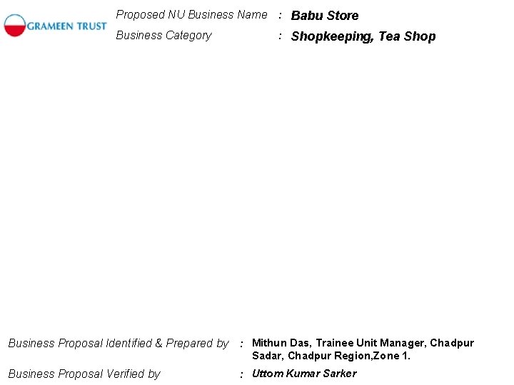 Proposed NU Business Name : Babu Store Business Category Business Proposal Identified & Prepared