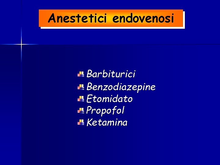 Anestetici endovenosi Barbiturici Benzodiazepine Etomidato Propofol Ketamina 