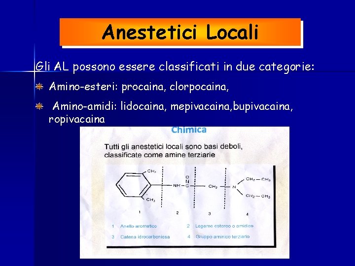 Anestetici Locali Gli AL possono essere classificati in due categorie: Amino-esteri: procaina, clorpocaina, Amino-amidi:
