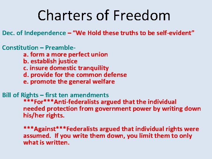 Charters of Freedom Dec. of Independence – “We Hold these truths to be self-evident”
