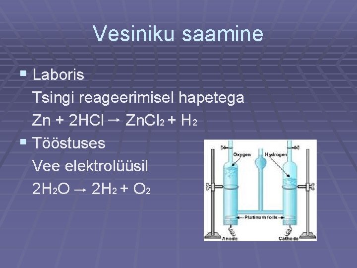 Vesiniku saamine § Laboris Tsingi reageerimisel hapetega Zn + 2 HCl Zn. Cl 2