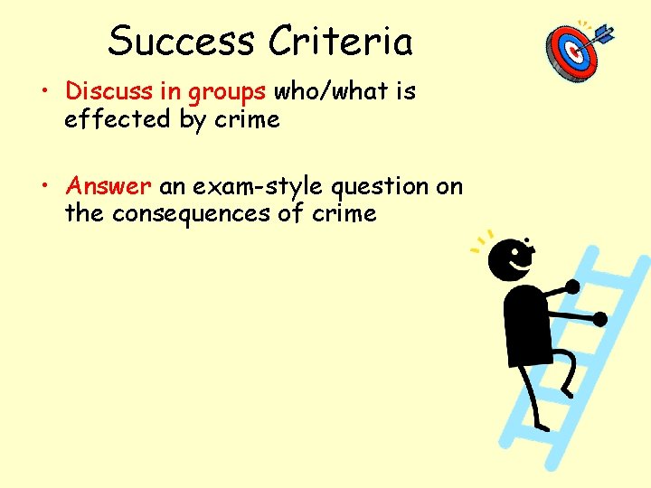 Success Criteria • Discuss in groups who/what is effected by crime • Answer an