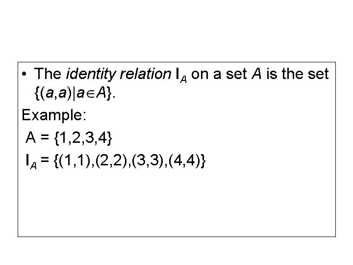  • The identity relation IA on a set A is the set {(a,