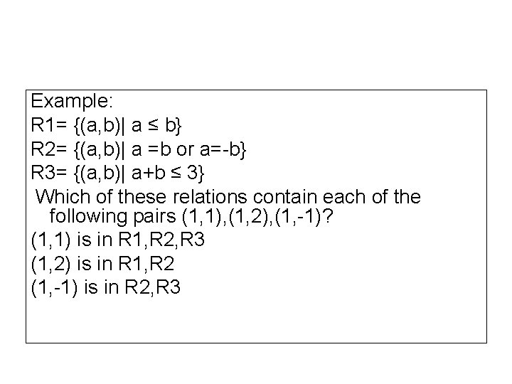 Example: R 1= {(a, b)| a ≤ b} R 2= {(a, b)| a =b