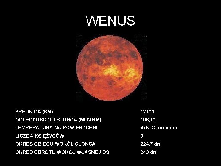 WENUS ŚREDNICA (KM) 12100 ODLEGŁOŚĆ OD SŁOŃCA (MLN KM) 108, 10 TEMPERATURA NA POWIERZCHNI