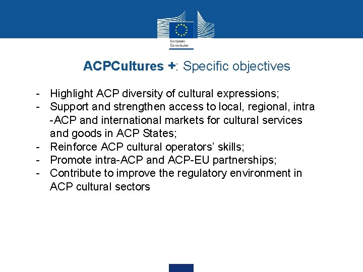 ACPCultures +: Specific objectives - Highlight ACP diversity of cultural expressions; - Support and