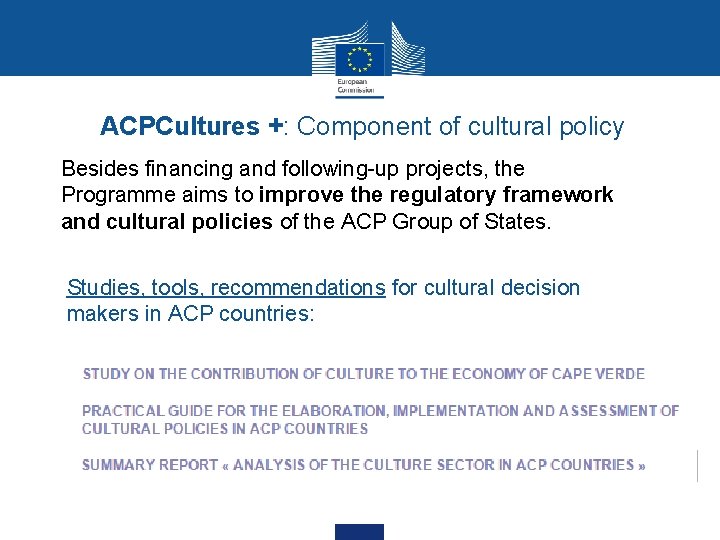 ACPCultures +: Component of cultural policy Besides financing and following-up projects, the Programme aims