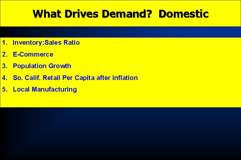 What Drives Demand? Domestic 1. Inventory: Sales Ratio 2. E-Commerce 3. Population Growth 4.