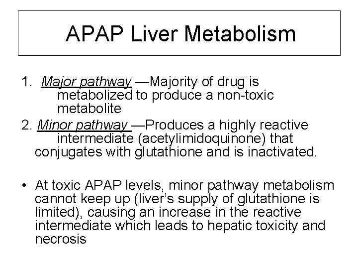 APAP Liver Metabolism 1. Major pathway —Majority of drug is metabolized to produce a APAP Liver Metabolism 1. Major pathway —Majority of drug is metabolized to produce a