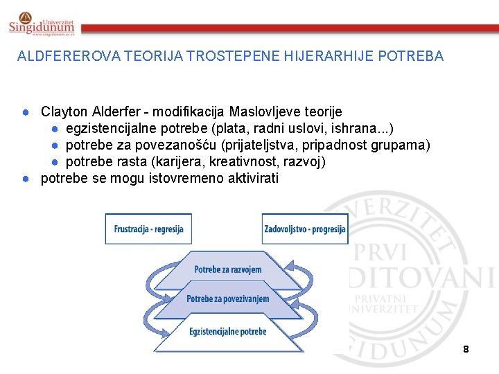 ALDFEREROVA TEORIJA TROSTEPENE HIJERARHIJE POTREBA ● Clayton Alderfer - modifikacija Maslovljeve teorije ● egzistencijalne