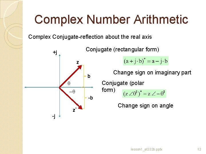 Complex Number Arithmetic Complex Conjugate-reflection about the real axis Conjugate (rectangular form) +j z