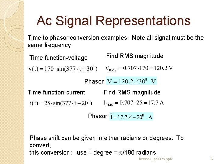 Ac Signal Representations Time to phasor conversion examples, Note all signal must be the
