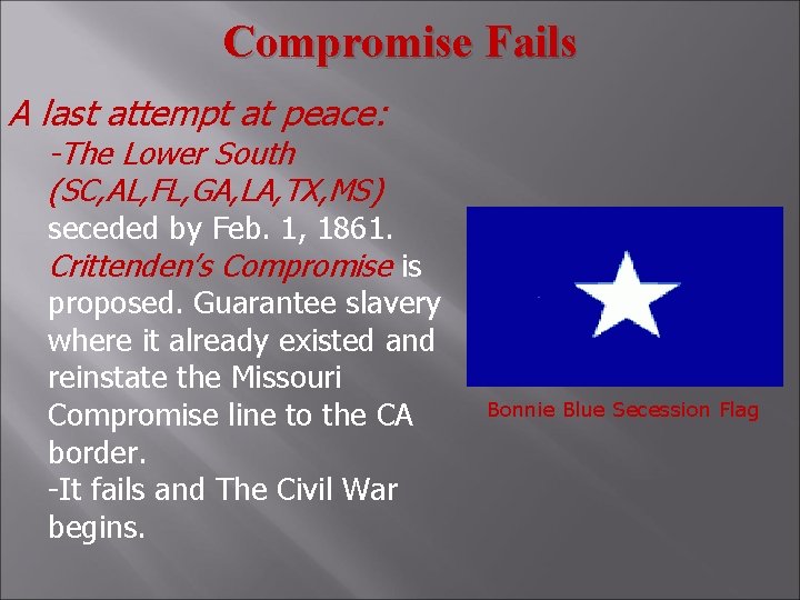 Compromise Fails A last attempt at peace: -The Lower South (SC, AL, FL, GA,