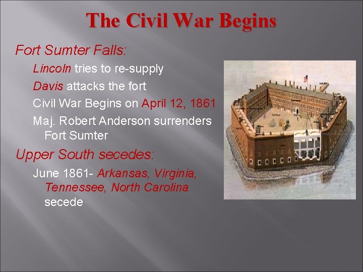 The Civil War Begins Fort Sumter Falls: Lincoln tries to re-supply Davis attacks the