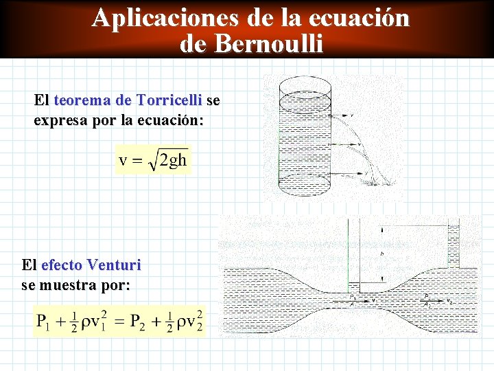 Aplicaciones de la ecuación de Bernoulli El teorema de Torricelli se expresa por la