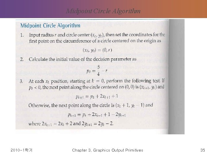 Midpoint Circle Algorithm 2010 -1학기 Chapter 3. Graphics Output Primitives 35 