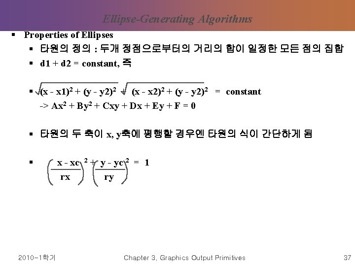 Ellipse-Generating Algorithms § Properties of Ellipses § 타원의 정의 : 두개 정점으로부터의 거리의 합이