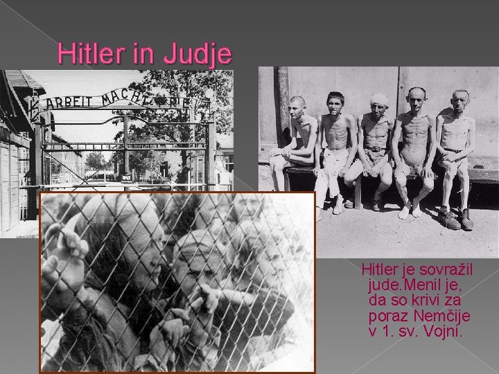 Hitler in Judje Hitler je sovražil jude. Menil je, da so krivi za poraz