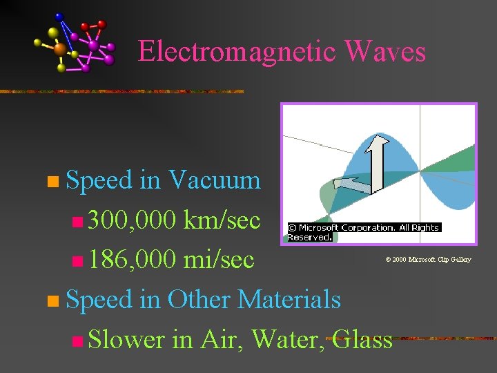 Electromagnetic Waves n Speed in Vacuum n 300, 000 km/sec n 186, 000 mi/sec