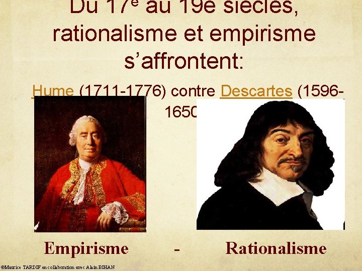 Du 17 e au 19 e siècles, rationalisme et empirisme s’affrontent: Hume (1711 -1776)