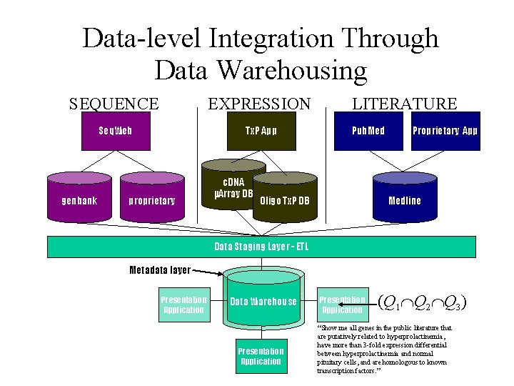 Data-level Integration Through Data Warehousing SEQUENCE EXPRESSION Seq. Web Tx. P App genbank proprietary