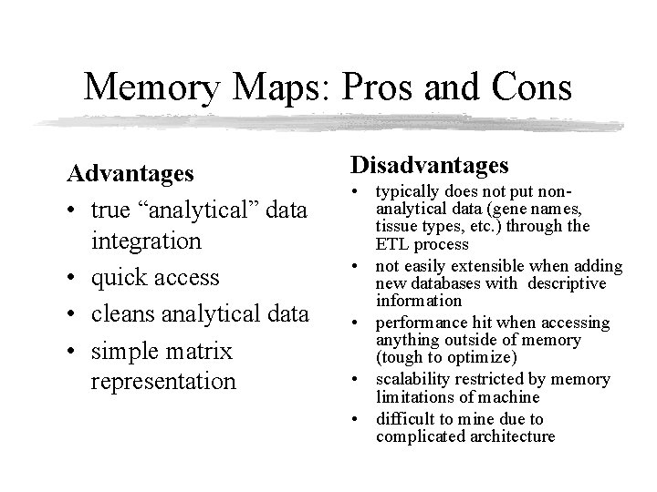 Memory Maps: Pros and Cons Advantages • true “analytical” data integration • quick access