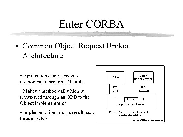 Enter CORBA • Common Object Request Broker Architecture • Applications have access to method