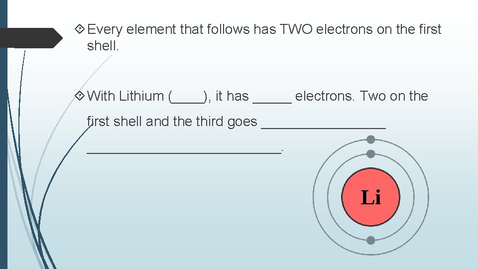  Every element that follows has TWO electrons on the first shell. With Lithium