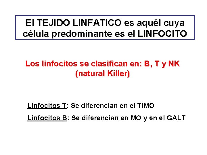 El TEJIDO LINFATICO es aquél cuya célula predominante es el LINFOCITO Los linfocitos se