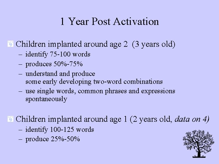 1 Year Post Activation Children implanted around age 2 (3 years old) – identify